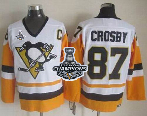 Penguins #87 Sidney Crosby White/Black CCM Throwback Stanley Cup Finals Champions Stitched NHL Jersey - Click Image to Close